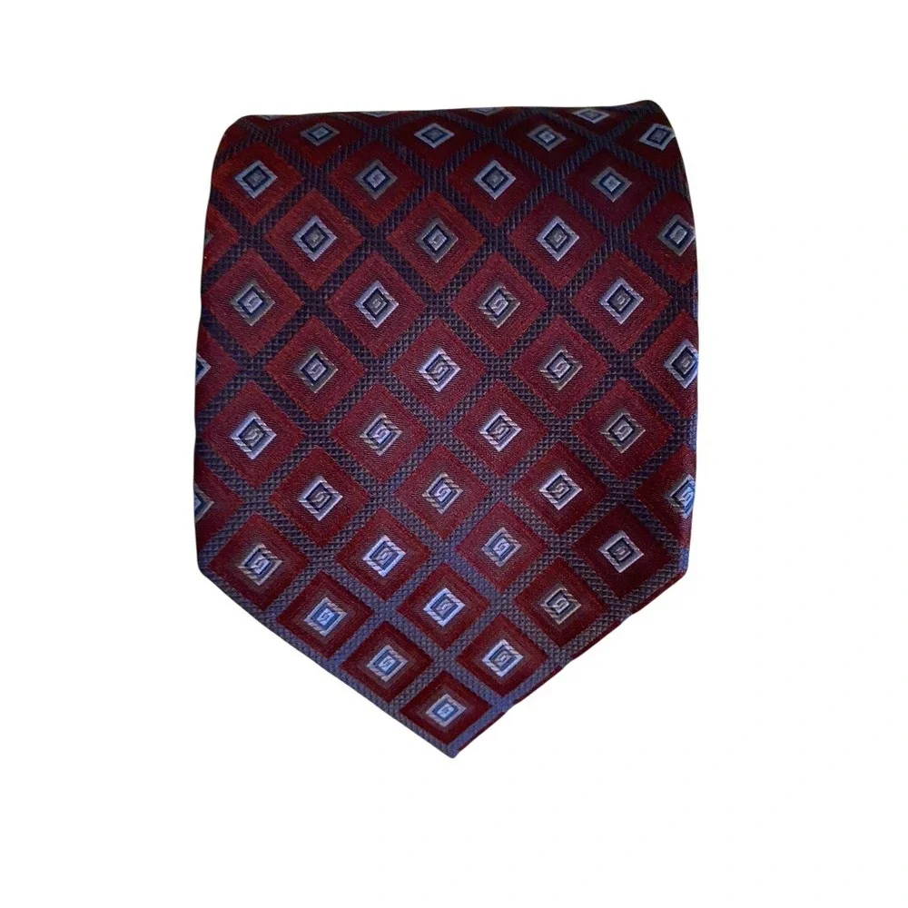 Joseph & Feiss International Silk Tie Burgundy Blue Geometric Diamond Pattern